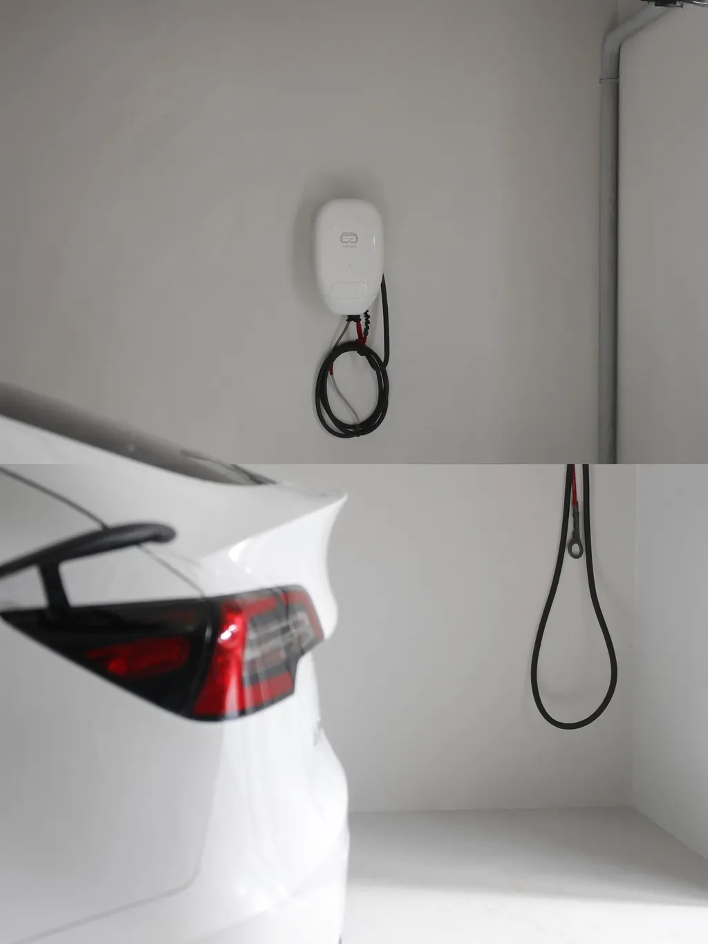 Weiße Wallbox an der Wand einer Garage